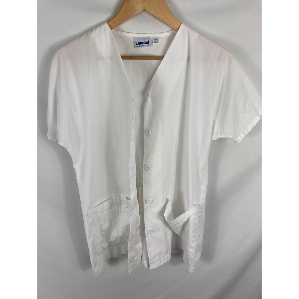 Landau Short Sleeve White Button Up Scrub Top Size Small